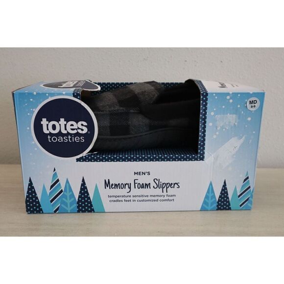 Totes Toasties Mens Sz M (8-9) Black/Gray Checkered Flannel Memory Foam Slippers - Picture 1 of 5